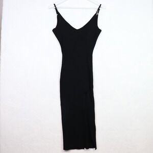 HERA Collection Black Ribbed V Neck Spaghetti Strap Maxi Dress‎ Side Slit Size L
